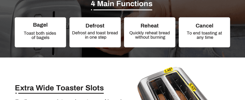 Toaster 2 Slice, Extra Wide Slot Toaster for Bagels, Bread, Waffles, 7 Shade Settings, 4 Main Functions, Removable Crumb Tray, 900 Watts Toasters, Brushed Stainless Steel