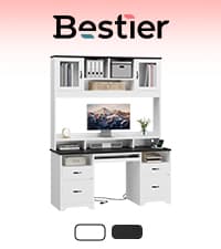 Bestier 59” Computer Desk with 4 Drawers, Office Desk with Storage, Industrial Executive Desk with File Drawer, Keyboard Tray & 2 Pedestals on Both Sides for Home Office & Studio, Grey