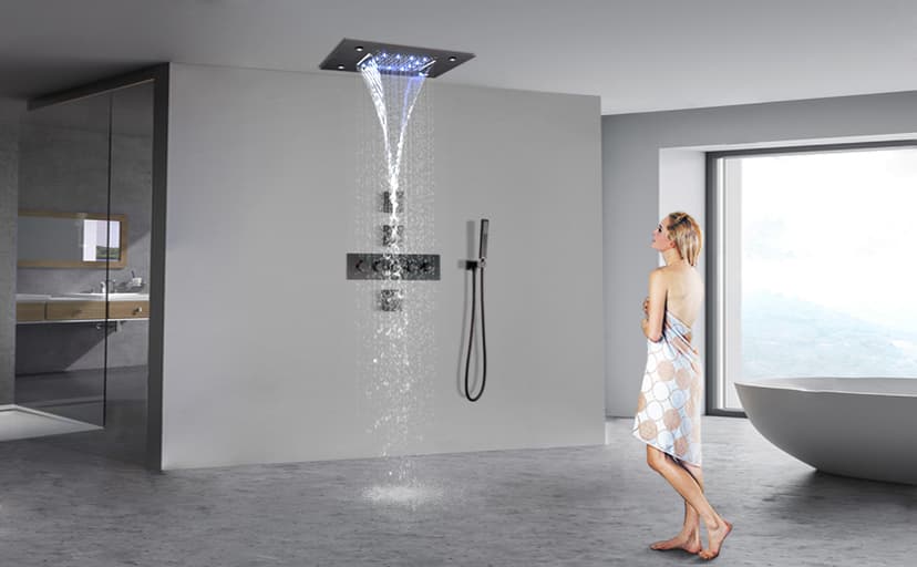 14 X 20 Inch Ceiling LED Rain Shower Head With Body Jets Large Luxury Rainfall Shower System Thermostatic Mixer Set Kit Included (Oil Rubbed Bronze)