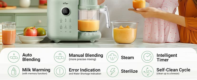 Bear 2025 Baby Food Maker with Two Layer Steam Baskets, Multifunction Baby Food Processor Steamer Puree Blender, Baby Food Mill with Bottle Warming Sterili-zing Auto Cleaning Function, BPA-Free