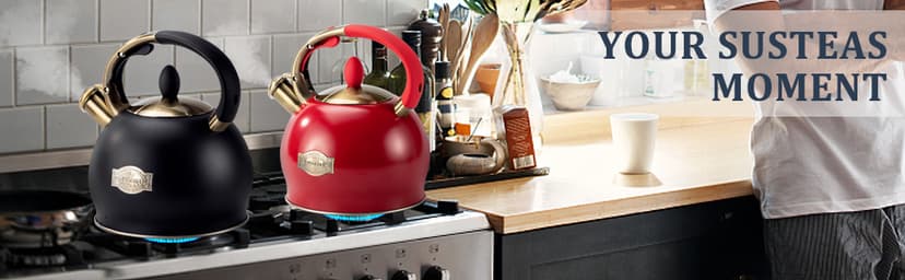 SUSTEAS Stove Top Whistling Tea Kettle - Food Grade Stainless Steel Teakettle Teapot with Cool Touch Ergonomic Handle, With 1 Silicone Pinch Mitt Included, 2.64 Quart(BLACK)