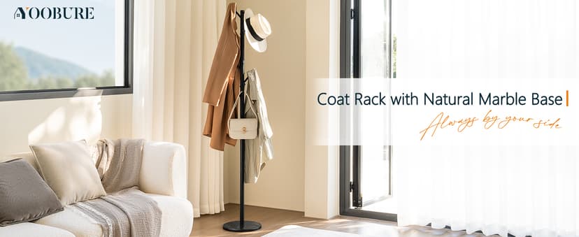 Yoobure Coat Rack Freestanding with Natural Marble Base - Coat Tree with 8 Hooks Heavy Duty Coat Hanger Stand, Metal Coat Rack Stand for Jacket, Hat, Clothes & Bag, Hall Tree Hat Rack for Entryway