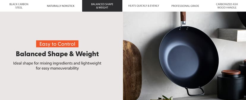 GreenPan Carbon Steel Wok 14”, Flat Bottom, Durable Stir-Fry Pan, Pre-Seasoned Nonstick Patina, High Heat Retention, Induction, Ash Wood Handle, Kyoto, Black