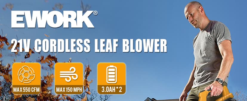 EWORK Cordless Leaf Blower 21V Electric Leaf Blower with (2) 3.0Ah Batteries and Fast Charger, Variable Speed, Turbo Mode, Battery Powered Handheld Leaf Blowers for Lawn Care and Clearance Yard Leaves