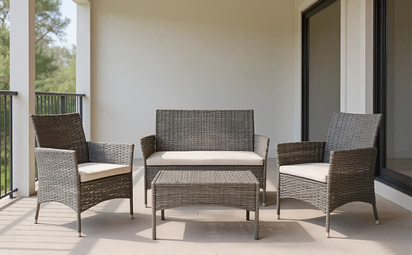 4 Piece Wicker Outdoor Furniture Set, Patio Conversation Set, Woven PE Rattan and Steel with Beige Removable Cushions for Patio, Deck, Lawn and Poolside (Hemp Gray and Beige)