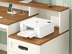 TVU Farmhouse Computer Desk with Drawers, 65'' Home Office Desk with Power Outlets, Storage Cabinet and Printer Stand, Study Writing Desks with Long Monitor Stand, White