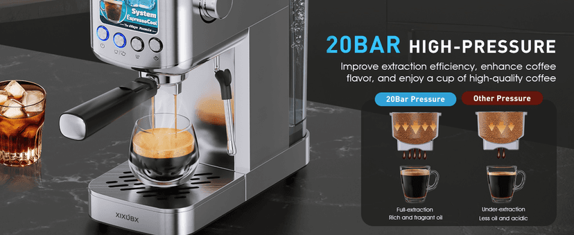 Espresso Machine 20 Bar with Milk Frother, Stainless Steel Coffee Maker with 42 oz Removable Water Tank for Cappuccino, Latte&Cold Brew, Home&Office, Silver