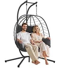 Hanging Egg Chair with Adjustable Footrest & Stand, Wicker Rattan Swing Hammock Chair with Cushion & Double Chains, 350LBS Capacity for Outdoor & Indoor Patio, Deck, Bedroom, Balcony (YE-BE)