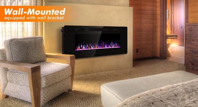 R.W.FLAME 60" Recessed and Wall Mounted Electric Fireplace, Low Noise, Fit for 2 x 6 Stud, Remote Control with Timer, Touch Screen, Adjustable Flame Color and Speed, 750-1500W