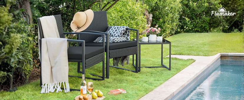 Flamaker 3 Pieces Patio Set Outdoor Wicker Furniture Sets Modern Rattan Chair Conversation Sets with Coffee Table for Yard and Bistro (Black)