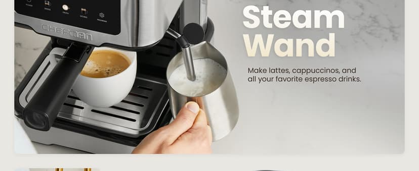 Chefman CraftBrew Espresso Machine, 15-Bar Pump Digital Espresso Maker w/Steam Wand for Latte & Cappuccino, Compact Espresso Coffee Machine w/ 1.5L Removable Water Reservoir - Stainless Steel