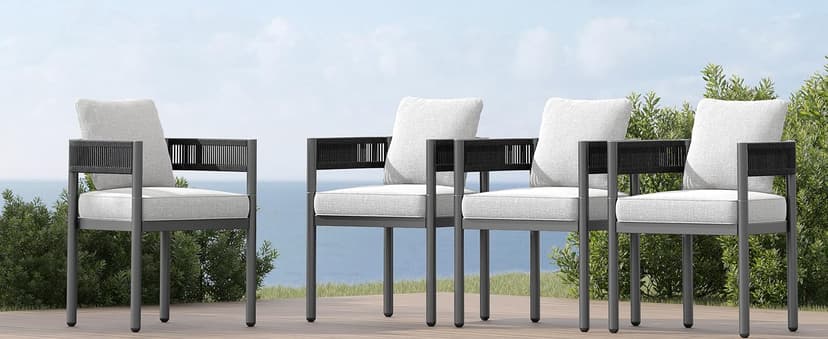 Grand patio Outdoor Dining Chairs Set of 4, 4 Pieces Patio Dining Chairs, Metal Woven Wicker Fixed Patio Chairs with Grey Cushions for Backyard, Deck, Garden, Porch, Lawn and Poolside (Black)