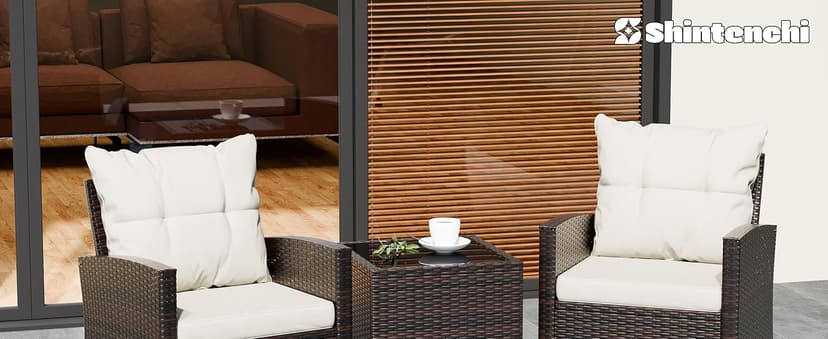 Shintenchi 3 Pieces Patio Furniture Set 3 Pieces PE Rattan Wicker Chairs with Table Outdoor Furniture for Backyard/Garden/Poolside/Outdoor Restaurant Brown Rattan with White Cushion