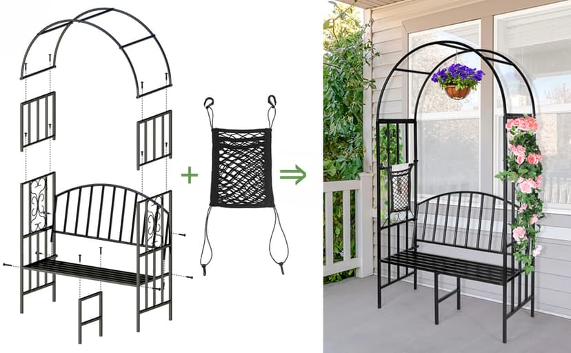 Garden Arch Heavy Duty (Holds 660lbs-250kg) | Metal Arbor Archway for Climbing Plant & Two People Seat Bench |Outdoor Lawn Backyard Decor 81 x 45.3 x 20 in - Black