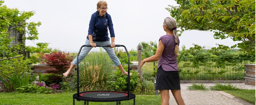 RAVS Mini Trampoline for Kids Adults 40"/48" Foldable Fitness Rebounder Kids Trampoline with 5 Levels Height Adjustable Handle Resistance Bands Indoor Workout
