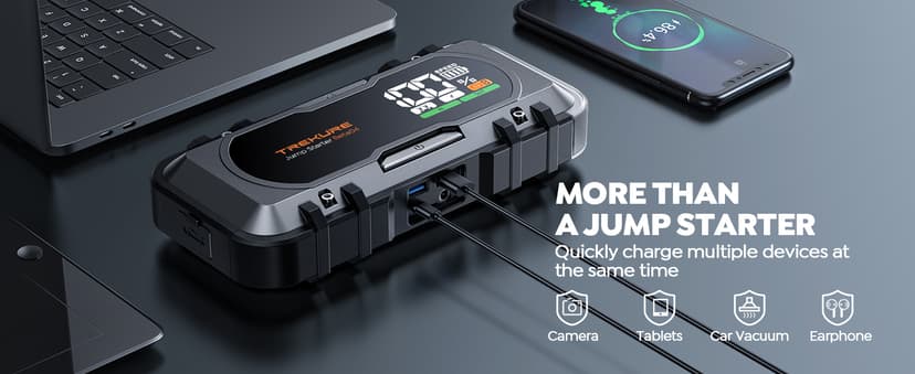 8-in-1 Car Battery Jump Starter 7000A Peak 65W Fast Charging Portable Car Battery Jumper Starter Portable (All Gas/10L Diesel) Jump Box with Extended Jumper Cables