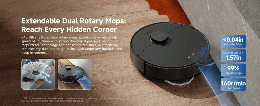 DREAME X40 Ultra Robotic Vacuum with Removable & Liftable Mop, 12,000Pa Suction, Side Brush Extensive Cleaning, 158°F Mop & Washboard Self Cleaning, Auto-Empty, Auto Refill, liftable Brushes