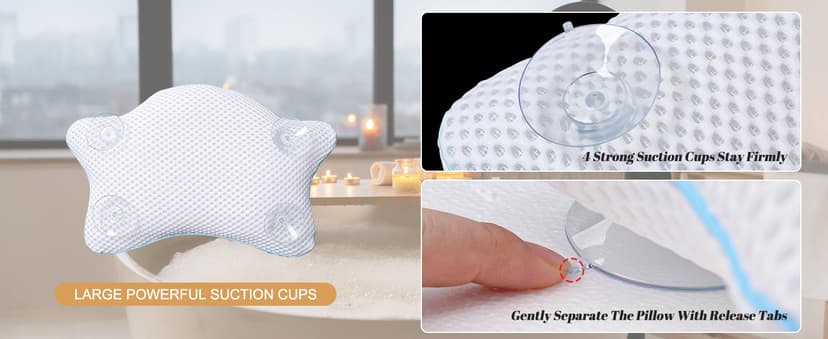 Non Slip Bath Pillow, Luxury Spa Bathtub Head & Neck Rest Support, Permeable Quick Drying Air Mesh Tub Pillow with 4 Large Suction Cups, Fits Any Tubs, Soft and Relaxing