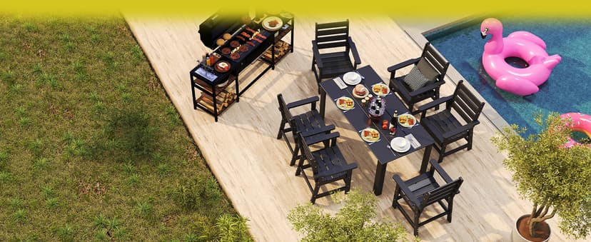 GREENVINES 7-Piece Outdoor-Dining-Set | HDPE Plastic 67'' Table and Chairs Sets for 6 | Patio Furniture | All Weather | Umbrella Hole | Black | for Poolside Garden Backyard