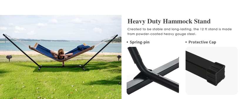 SUNCREAT Portable Outdoor Hammock with Stand, Heavy Duty Hammock with Carrying Bag, Soft Pillow, Balance Ropes, Dark Blue
