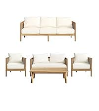 Merax 5-Piece Outdoor Acacia Wood Wicker Conversation Set with 3 Seater Sofa,Loveseat,2 Chairs and Coffetable for Backyard