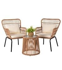 3 Piece Outdoor Wicker Furniture Bistro Set, Rattan Chairs Conversation Sets Wicker Patio Furniture for Balcony Poolside Backyard, Yellow/Beige