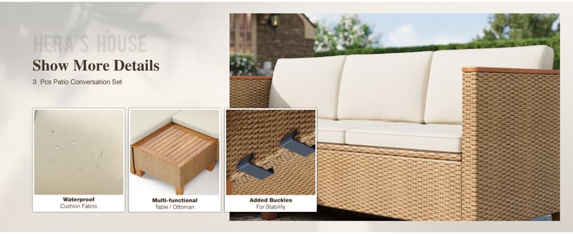 HERA'S HOUSE Small Patio Furniture Set, All Weather 3 Pieces Wicker Outdoor Sectional Set,Yellow Rattan Conversation Set with Lounge Sofa and Coffee Table for Lawn, Garden