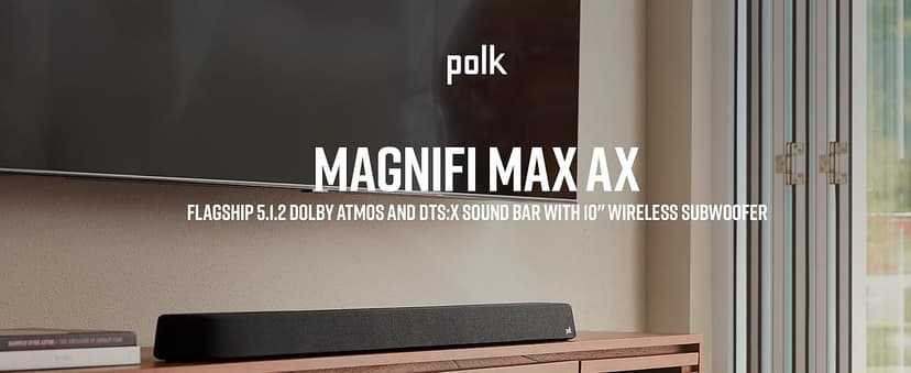 Polk Audio MagniFi Max AX 5.1.2 Channel Sound Bar with 10" Wireless Subwoofer, Dolby Atmos and DTS:X Certified, Polk's Patented VoiceAdjust & SDA Technologies, Easy Setup, Black