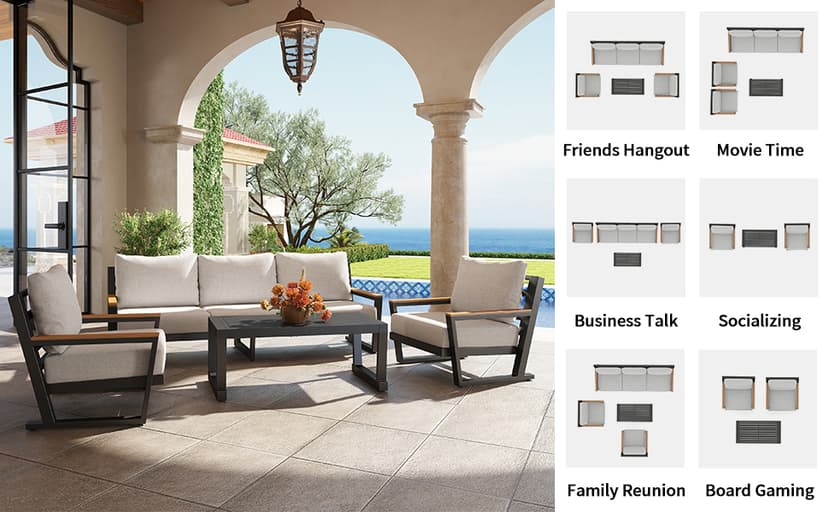 Aluminum Outdoor Furniture with Coffee Table,5 Seats Patio Furniture Set Sectional Waterproof Sofa with Conversation Set Table with Upgrade and Washable Cushion Grey