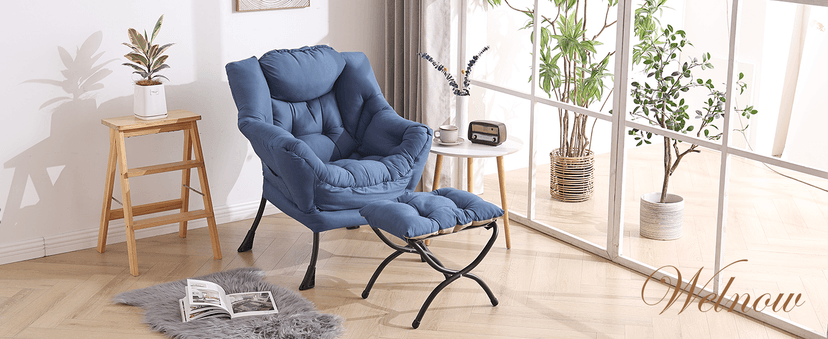 Welnow Lazy Chair with Ottoman, Modern Lounge Accent Chair with Armrests and a Side Pocket, Leisure Sofa Armchair, Reading Armchair with Footrest for Small Space, Plush Grey