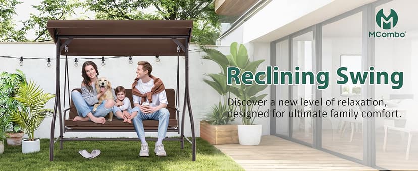 MCombo 3-Seat Outdoor Patio Swing Chair, 2-in-1 Convertible Porch Swing Glider Chair with Removable Cushions, Adjustable Canopy & Pillows for Backyard, Deck, Garden, 4068 (Brown)