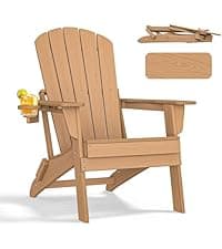 nevilywood Folding Adirondack Chair - Extended Ergonomic Backrest, Cup Holder - Easy Assembly - Durable HDPE Plastic, Weather Resistant & Maintenance-Free - Lawn, Patio, Deck Supports 400lbs Teak