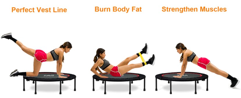 RAVS Mini Trampoline for Kids Adults 40"/48" Foldable Fitness Rebounder Kids Trampoline with 5 Levels Height Adjustable Handle Resistance Bands Indoor Workout