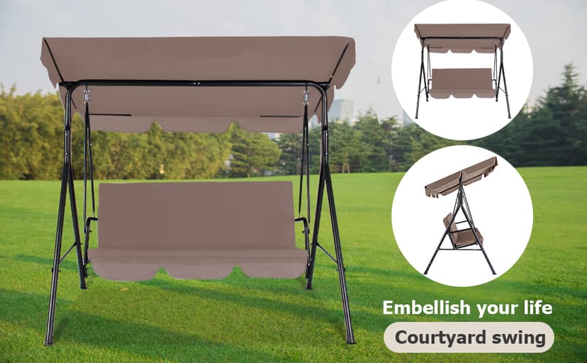 3-Seat Patio Swing Chair, Outdoor Porch Swing with Adjustable Canopy and Durable Steel Frame for Patio, Garden, Poolside(Brown)