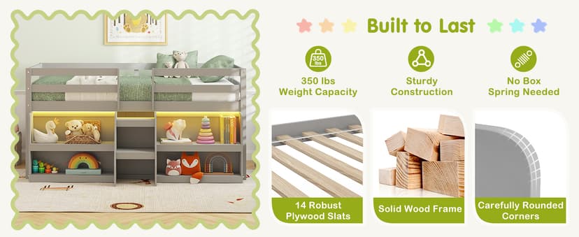 Giantex Low Loft Bed with LED Lights, Wooden Loft Bed Twin Size with Stairs & Safety Guardrail, Loft Bed for Kids with Storage Bookcase and Under-Bed Play Space, Grey