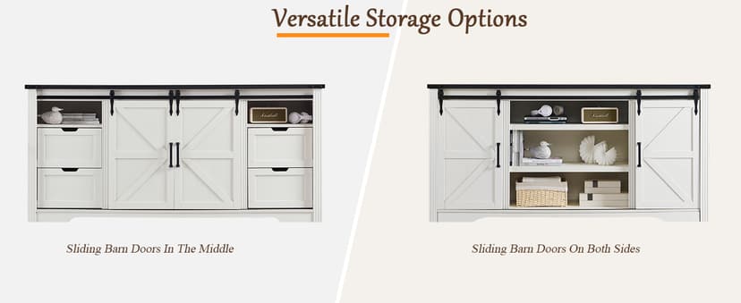 Farmhouse TV Stand for 75+ Inch TV, 32" Tall Entertainment Center w/4 Drawers & Sliding Barn Door, Rustic Media Console w/Storage Shelves, 66" Wood Television Stand for Living Room, Off White