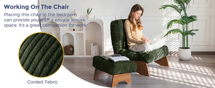 MAXYOYO Accent Chair with Ottoman Adjustable Backrest, Tufted Living Room Chair Upholstered Lounge Chair with Footrest Set, Modern Chair Cozy Reclining Chair for Reading Room, Green