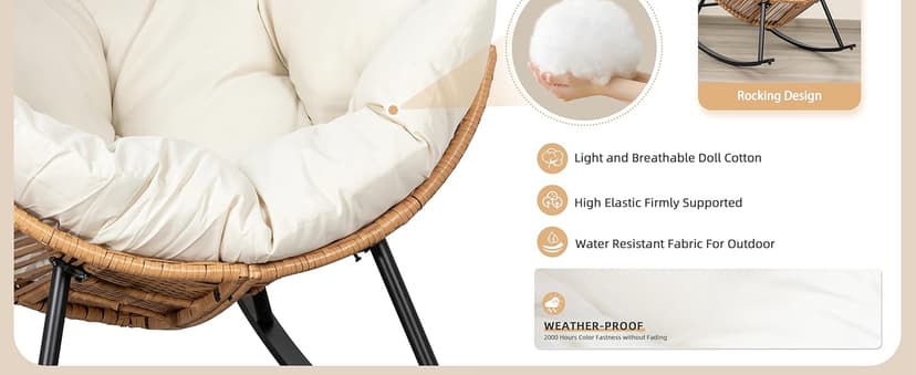 Vongrasig Wicker Egg Chair PE Rattan Rocking Chair with Cushion, Oversized Patio Lounge Rocker Chair for Outdoor, Indoor, Balcony, Backyard, Garden, Beige