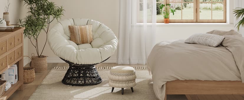 Yaheetech Indoor Papasan Chairs with Thick Tufted Cushions and Frame, Swivel Wicker Ergonomic Lounge Reading Chairs for Living Room/Bedroom, Beige