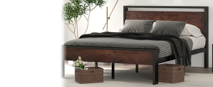 SHA CERLIN 14 Inch Queen Size Metal Platform Bed Frame with Wooden Headboard and Footboard, Mattress Foundation, No Box Spring Needed, Large Under Bed Storage, Non-Slip Without Noise, Black Oak