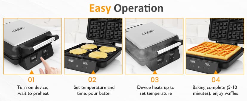 4-Slice Waffle Maker with Nonstick Surface, 1200W Waffle Iron, Time & Temperature Control, LCD Display, Perfect Waffle Maker for Kids and Families, Stainless Steel, Silver