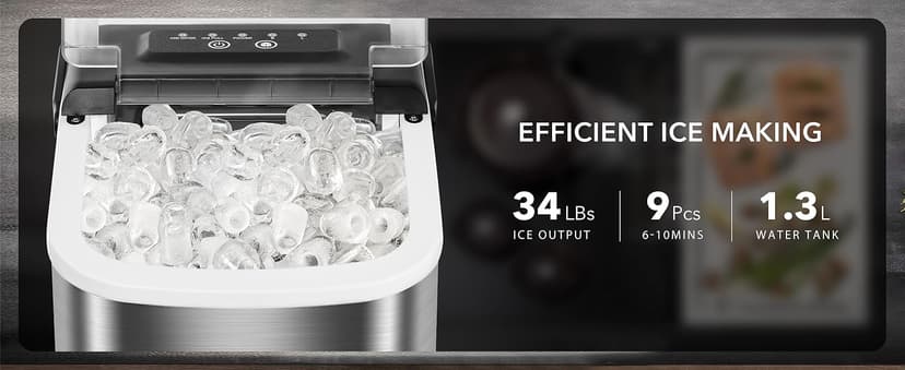 MAXEVE Ice Maker Countertop, 34LBs/24H Ice Machine, 2 Bullet Size, Fast Making 9Cubs in 5 Mins, Portable Ice Maker Machine with Self Cleaning, Ice Basket, Ice Scoop for Home/Office/Bar (Silver)