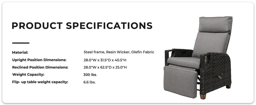 Grand patio Outdoor Recliner with Independent Adjustable Back and Footrest, Air Pump 150° Lay Flat Reclining Chair Removable Olefin Cushion Flip-Up Table Wicker Grey 1PC