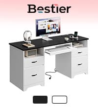 Bestier 59” Computer Desk with 4 Drawers, Office Desk with Storage, Industrial Executive Desk with File Drawer, Keyboard Tray & 2 Pedestals on Both Sides for Home Office & Studio, Grey