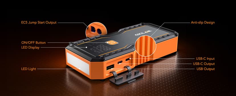 OXILAM Jump Starter 6000A for All Gas/12L Diesel, Car Battery Jumper Starter Portable, 12V Lithium Jump Box with Jumper Cables, LED Display, LED Light, Power Bank with USB, Type C Port