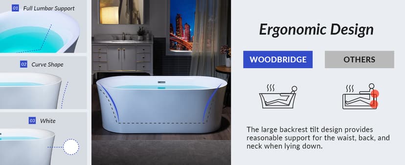 WOODBRIDGE 59" Acrylic Freestanding Bathtub Contemporary Soaking Tub with Matte Black Overflow and Drain,White Tub,B0058-MB