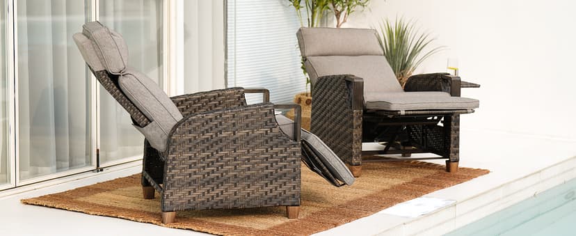 Grand patio Outdoor Recliner with Independent Adjustable Back and Footrest, Air Pump 150° Lay Flat Reclining Chair Removable Olefin Cushion Flip-Up Table Wicker Grey 1PC
