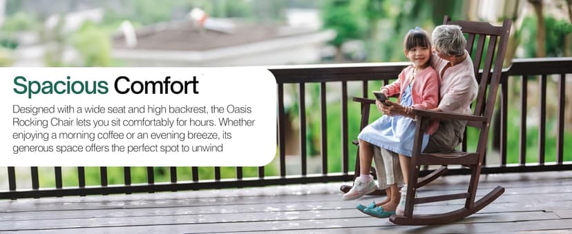 Tranquillo Oasis Wooden Rocking Chair for Patio, Porch, or Indoor Use – Classic Acacia Wood Rocker with Sturdy Frame, Comfortable Slatted Seat, Smooth Rocking Motion – Farmhouse Outdoor Chair