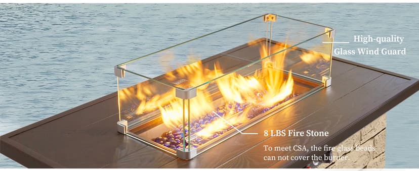 43" Propane Fire Pit Table Outdoor Stone Firepit Table Rectangular 50000 BTU Propane Fire Tables for Outside Patio with Wind Guard, Table Lid, Fire Beads, Cover,Pizzello Caldo (Buff)