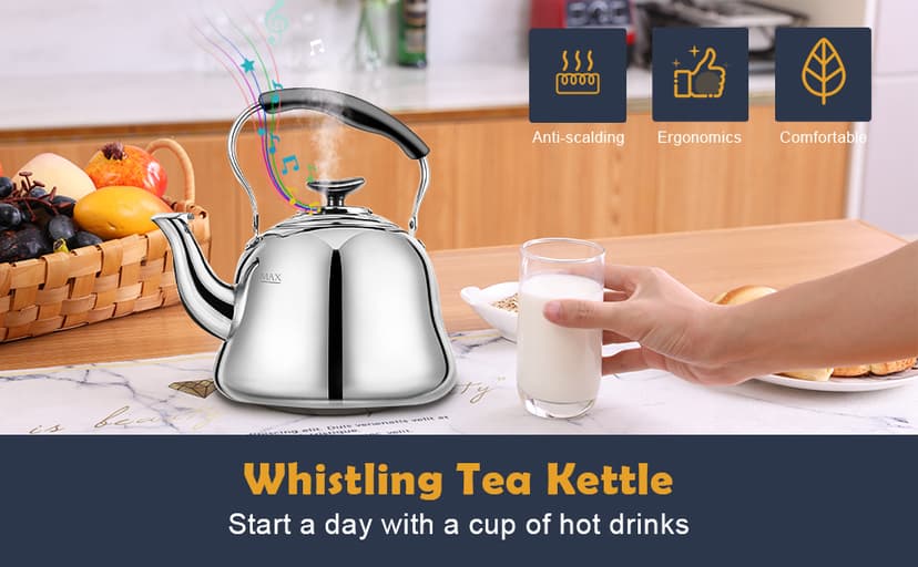 Tea Kettle Stovetop Whistling Teakettle ClassicTeapot Stainless Steel Tea Pots for Stove Top with Heat-resistant Folding Handle Mirror Finish, 2 liters